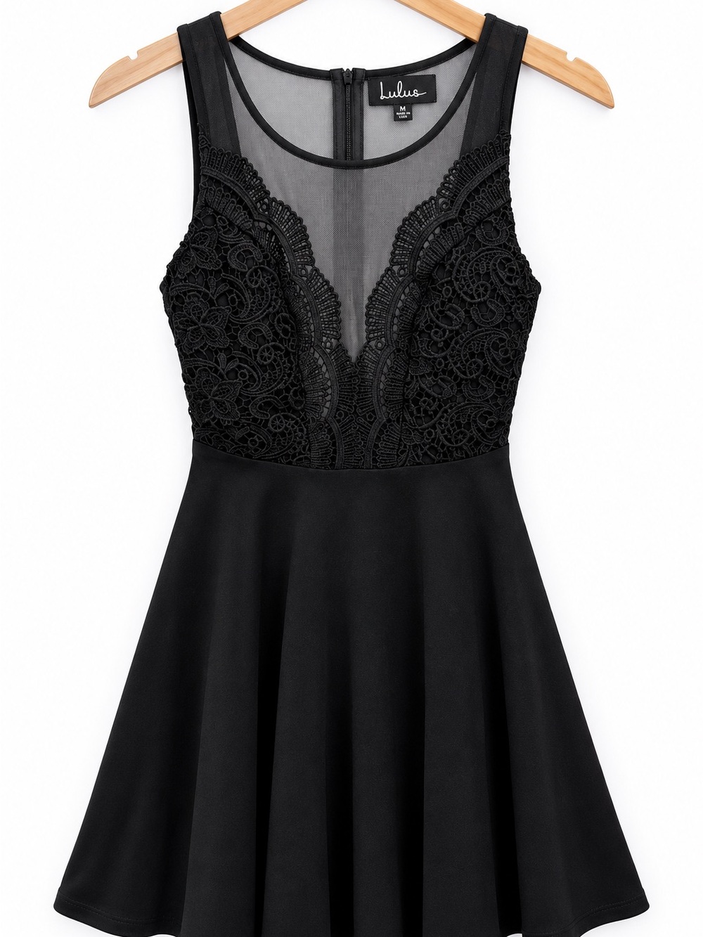 Lulus M Black Lace Mesh Illusion Skater Mini Dress Made in USA